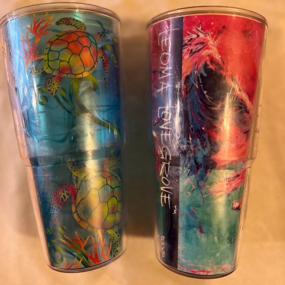 Set of 2 TERVIS tumbler 24 oz, no lids - Pink Flamingo, Blue Turtle